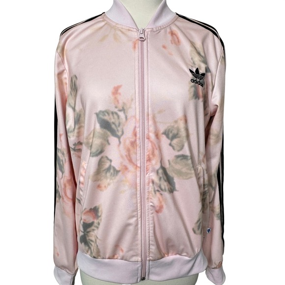 Adidas Originals Floral Track Jacket Pink Trefoil Logo M Rare‎ Athleisure Girly - Picture 3 of 11